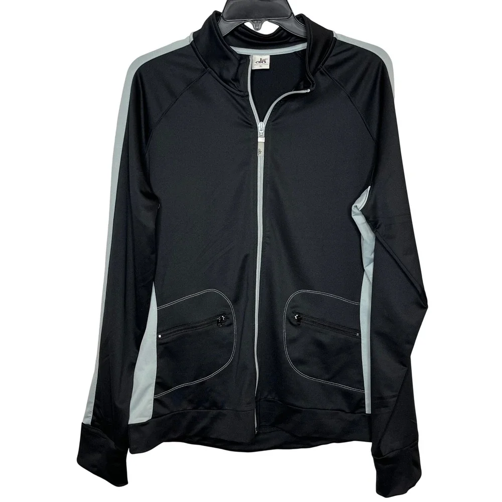 Alo CoolFit XL Black Grey Full Zip Track Jacket Activewear‎ Mock Neck Athleisure